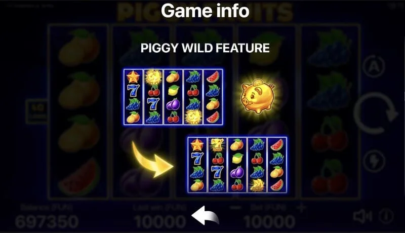 Piggy Fruits - pantalla de juego con cuadrícula 5x4 y símbolos de frutas